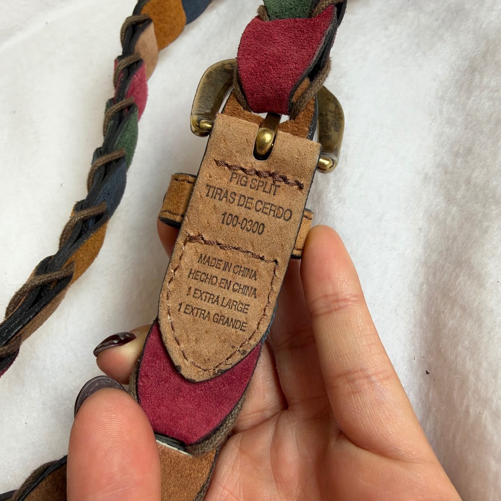 Vintage Multicolor Braided Suede Leather Belt Patchwork Boho Brass Buckle XL - Picture 4 of 4